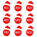 3d Christmas Sale label or icon set. 10,20,30,40,50,60,70,80,90 percent price off with Santa hat. Xmas discount badge or price tag Royalty Free Stock Photo